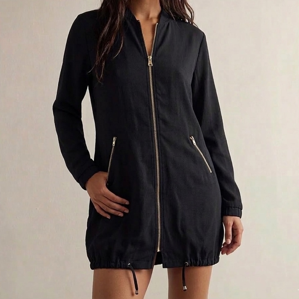 Dynamite XS Black Bomber Jacket Coat Gold Zipper Accents Lightweight Thin Long